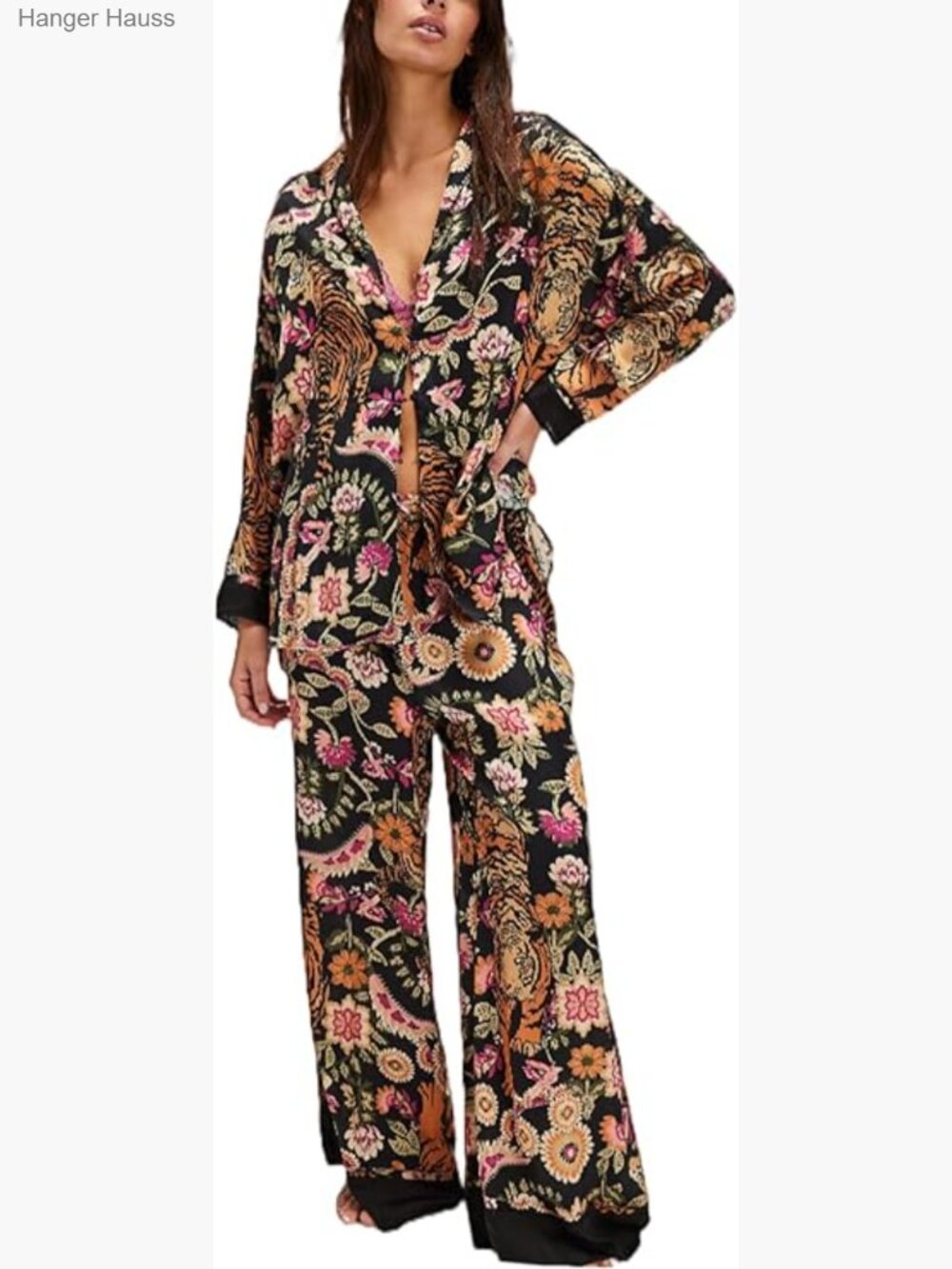 Women's Satin Pajama Set - 2 Piece Long Sleeve Button Down Top & Wide Leg